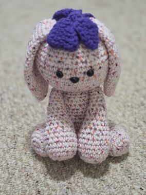 Handmade Crocheted Pink Speckled Bunny Plush with Purple Bow